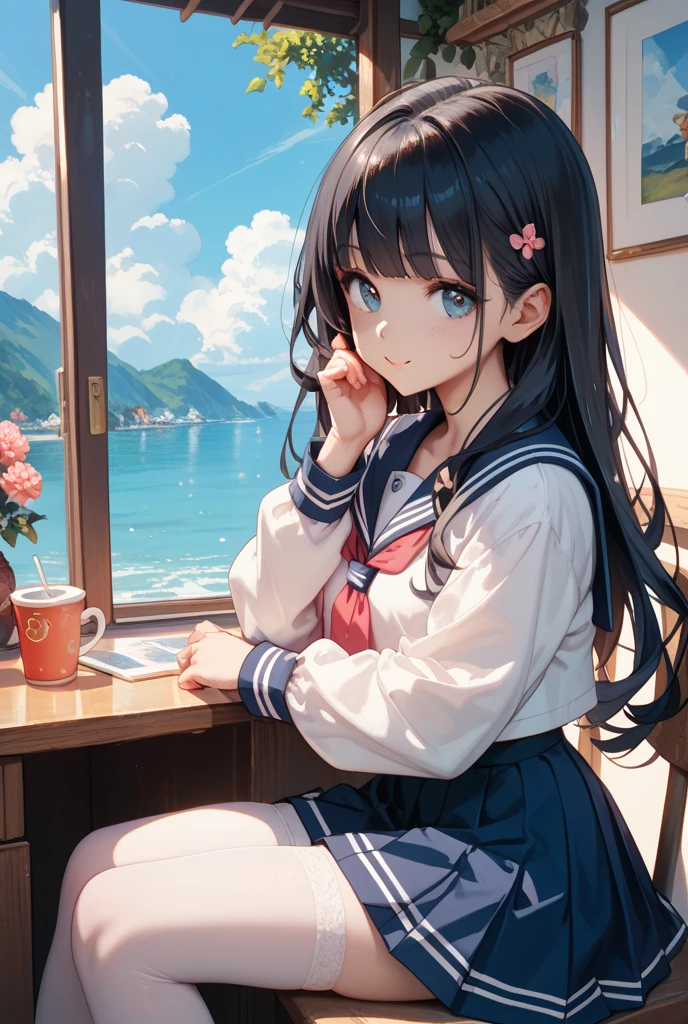 8K, Best Quality, Masterpiece: 1.2) , Super Detail, 1 Girl, Cute, Indie, Beautiful Details Sky, Detail Cafe, Evening, Sit Down, Dating, (Nose Red) , Sweet Smile, (Smile: 1.15) , (Shut Up) Small Tits, Small Beautiful Detail Eyes , Night, Wet, School Uniform, Long Hair, Flowing Hair,