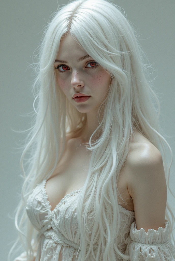 Illustrates a white-skinned woman with cat ears and white hair, nude red eyes 