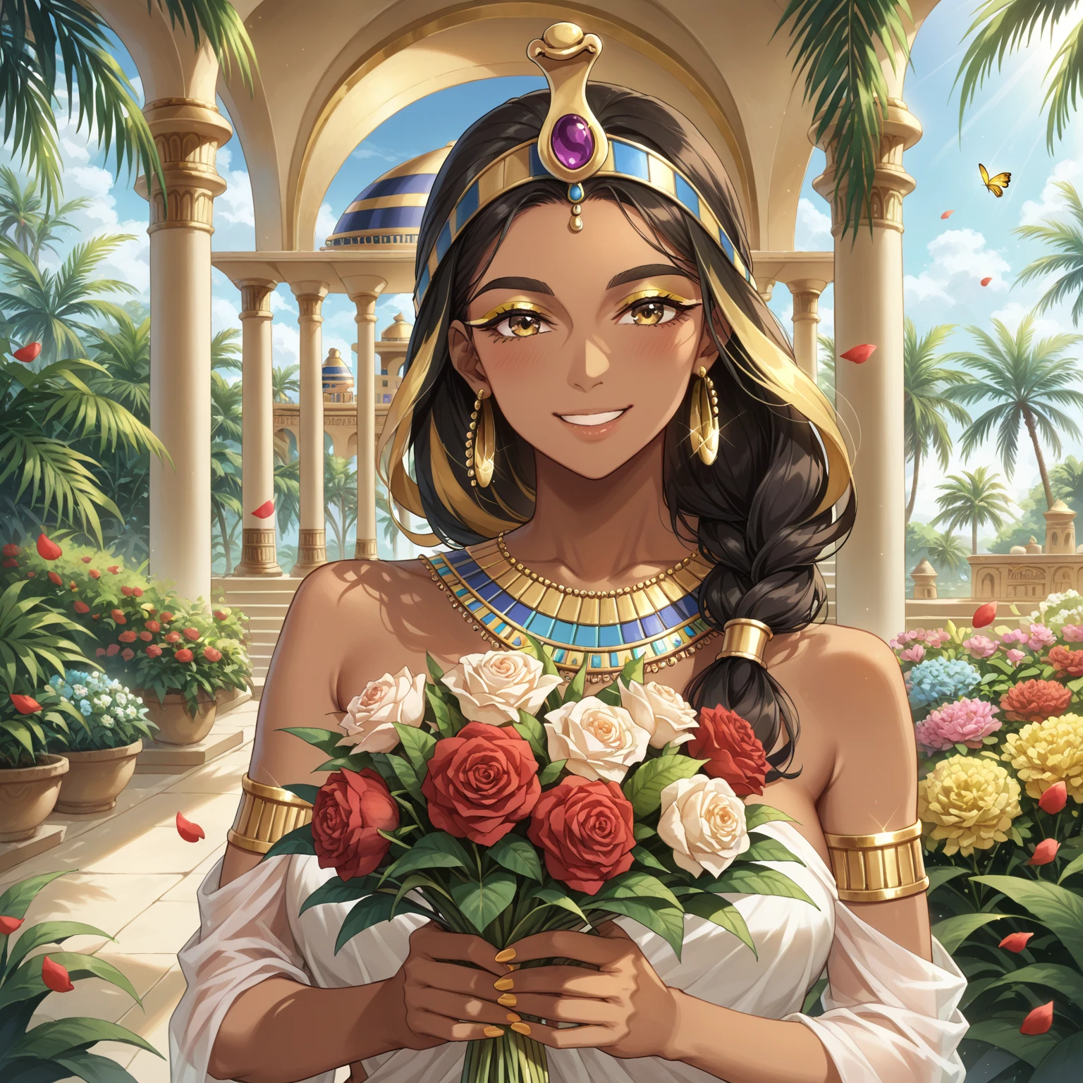 ((masterpiece,best quality)), absurdres, <lora:Ramesses_v1_Anime:0.8>, ramesses_ii, dark skin, solo, smiling, jewelry, gold,
( bride, wedding dress, strapless dress, elbow gloves, holding bouquet:1.1),
pyramid, pool, oasis, gold theme,
looking at viewer, cowboy shot, bride, wedding dress, bridal veil, strapless dress, elbow gloves, holding bouquet,