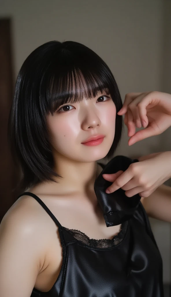 Real、(masterpiece、Highest quality:1.2)、nsfw、From below、Lower Body、Smartphone image quality、POV、Short hair, With a cute - lovely - face, Bobcut, She has a pretty, expressive face, Ishida Sui with black hair, Ayaka, Chiho, She has a pretty face, A shy smile, Japanese facial features, tsutomo nihie, Sui Ishida