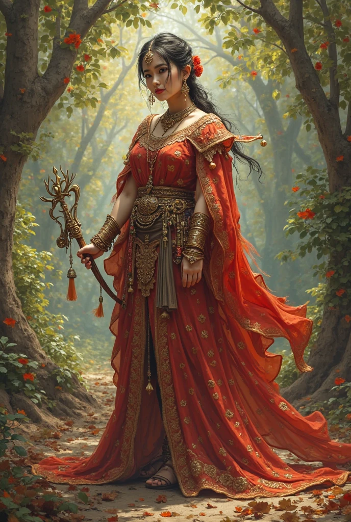 ancient woman, goddess, 20yo, fantasy, gold and Jewel, glow, background is forest, Bleeding body, real, top less, A burning sword in front of her