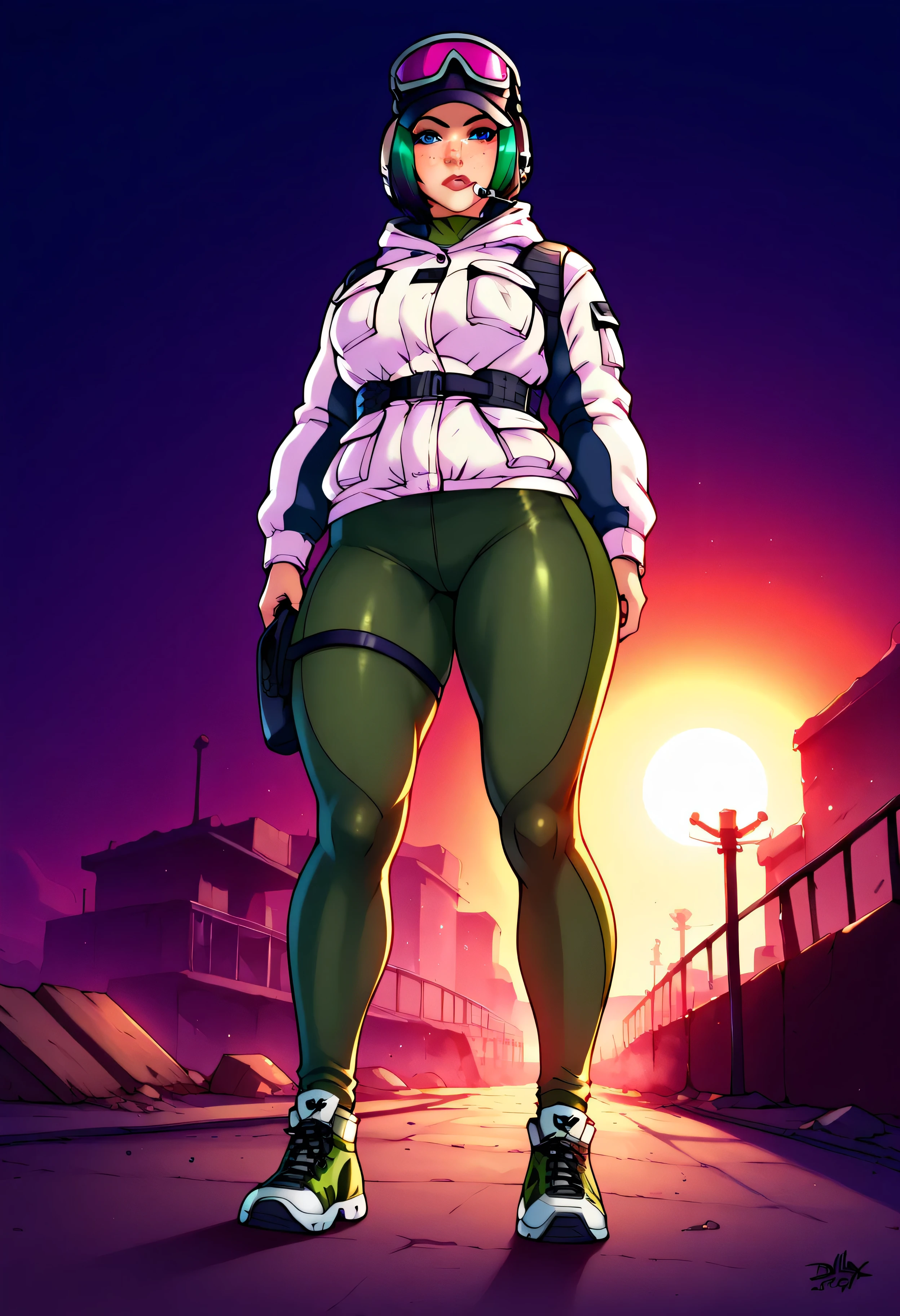 score_9, score_8_up, score_7_up, score_6_up, low angle, score_9. score_8_up, score_7_up, score_6_up, score_5_up, score_4_up, Ela, ela elite \(Rainbow Six Siege\),ela, ela \(Rainbow Six Siege\ HD, perfect masterpiece,score_9, score_8_up, score_7_up, score_6_up, score_5_up, score_4_up, score_8_up, score_7_up, Freckles, fFaceDetail, beautiful face, high detailed face, curvy body, 8K image has (Rainbow Six Siege)
, disguising, Alone, Green hair, bag ظهر, Shoes, has , glasses, glasses on headwear, has , Looking at scenes, jacket only, string heart shape nipple paste, tight nike leggings, I stumbled, bag, short hair , Headphone, blue eyes, disguising jacket, gloves, bag الخصر, I stumbled down, thigh bag الخصر, wireless antenna, military, Headphones, legingole object)), piercing eyes, looks at the viewer, dynamic position, ((construction site background الضخمة :1.0), looks back, ( huge ass :1.4) fat ass, fat breast,
, best quality, (Very realistic:1.2), looks at the viewer, film grains , gym site scene, gym site background, ruins, low angle
, Dark scene , Edge Lighting , two-color lighting, dimly lit, Low-level HDR,