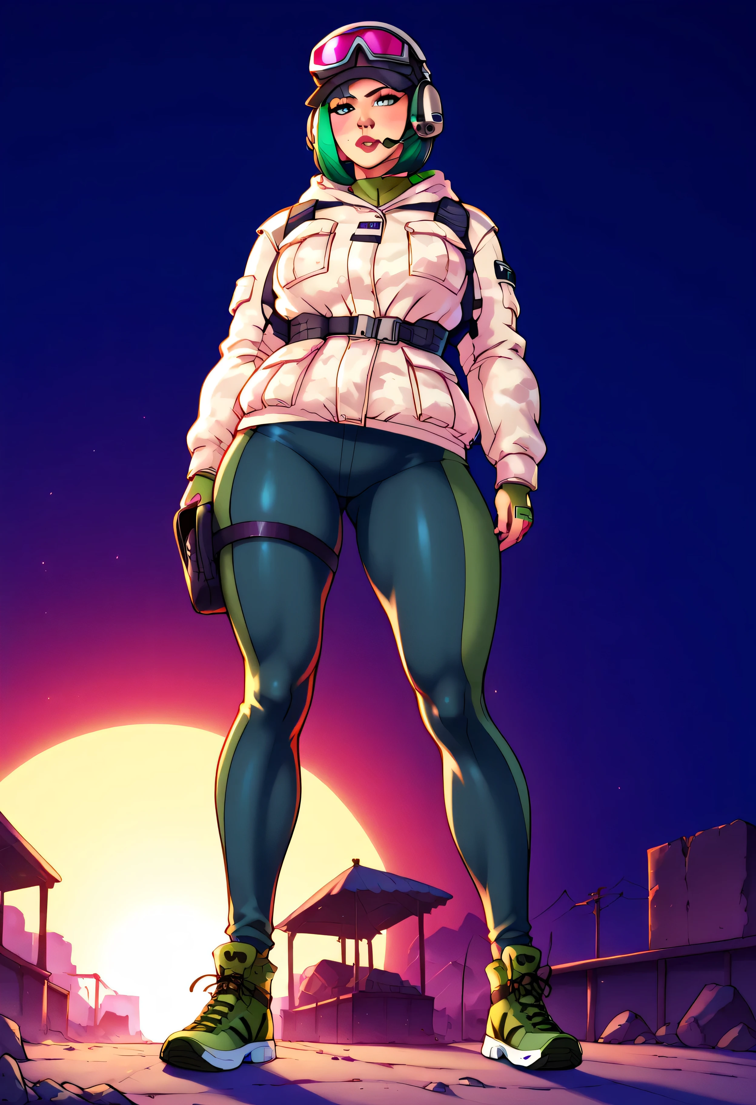 score_9, score_8_up, score_7_up, score_6_up, low angle, score_9. score_8_up, score_7_up, score_6_up, score_5_up, score_4_up, Ela, ela elite \(Rainbow Six Siege\),ela, ela \(Rainbow Six Siege\ HD, perfect masterpiece,score_9, score_8_up, score_7_up, score_6_up, score_5_up, score_4_up, score_8_up, score_7_up, Freckles, fFaceDetail, beautiful face, high detailed face, curvy body, 8K image has (Rainbow Six Siege)
, disguising, Alone, Green hair, bag ظهر, Shoes, has , glasses, glasses on headwear, has , Looking at scenes, jacket only, string heart shape paste, tight nike leggings, I stumbled, bag, short hair , Headphone, blue eyes, disguising jacket, gloves, bag الخصر, I stumbled down, thigh bag الخصر, wireless antenna, military, Headphones, legingole object)), piercing eyes, looks at the viewer, dynamic position, ((construction site background الضخمة :1.0), looks back, ( huge :1.4) fat , fat ,
, best quality, (Very realistic:1.2), looks at the viewer, film grains , gym site scene, gym site background, ruins, low angle
, Dark scene , Edge Lighting , two-color lighting, dimly lit, Low-level HDR,