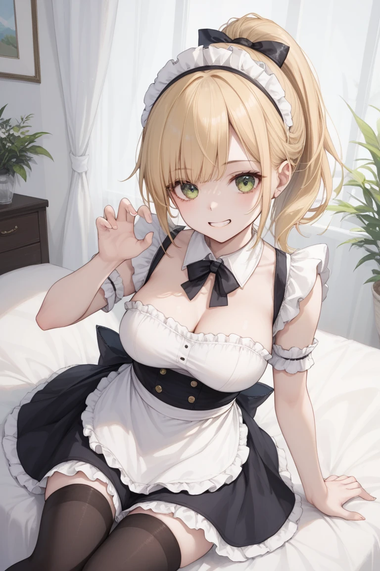 Absurd resolution, high - resolution , (masterspiece:1.4), Ultra Verbose , (((Solo))), 1girl, Red eyes, Medium breasts, Long hair, blond hair, Straight hair, Bangs, earrings, cleavage, maid outfit, smile