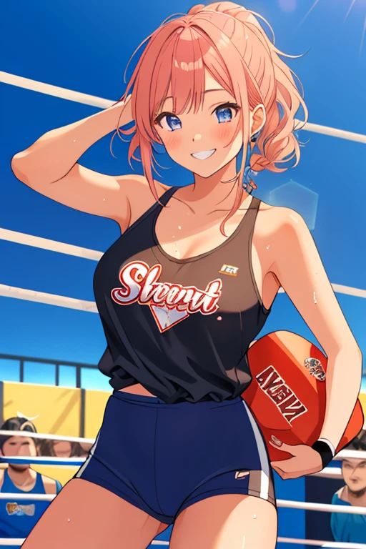 ((masutepiece, Best Quality, hight resolution, nffsw, Perfect Pixel, depth of fields, 4K, )), 1girl in, Solo, , Beautiful anime girl, Beautiful Art Style, close up, Looking at Viewer, Perfect body, Yuigahama Yui, Short hair, single hair bun, pink hair, (large boob), Full face blush, Smile, thighs thighs thighs thighs, race queen, cleavage, belly button, white background, hands on hips, cowboy shot, Focus,