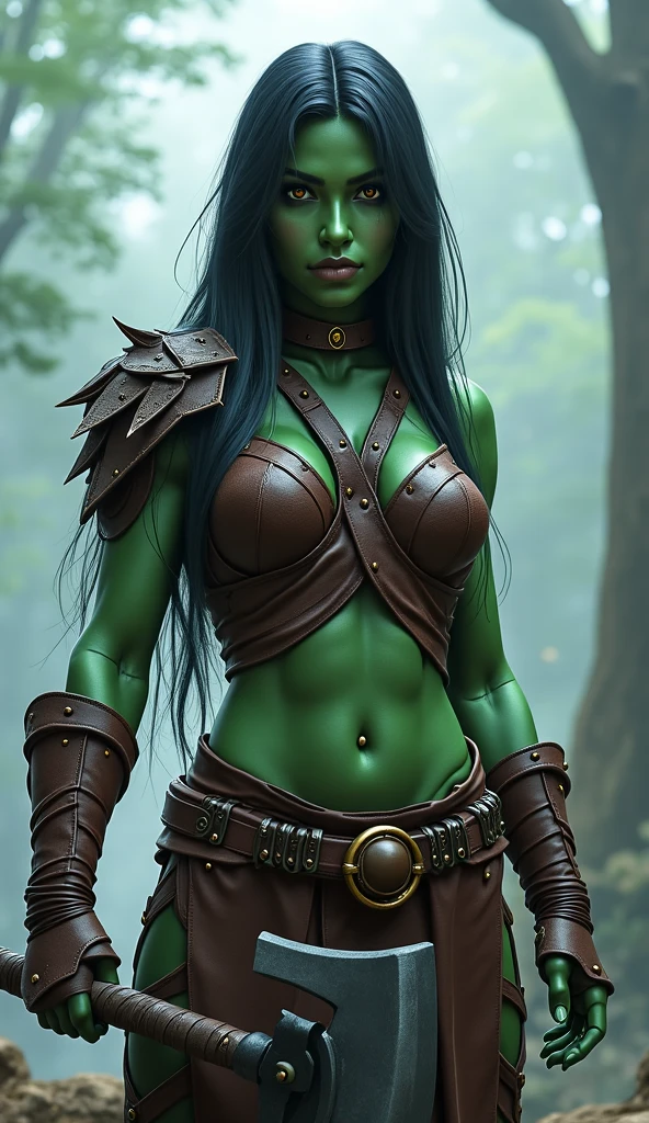 A stunning and alluring female goblin with vibrant green skin, standing confidently in a fantasy setting. Her figure is both toned and curvaceous, with well-defined thighs and a large, shapely buttocks that emphasize her strong, yet feminine form. She has pointed ears that add a touch of sharpness to her otherwise soft and attractive features.

Her face is captivating, with full, luscious lips and deep red eyes that glow with a mischievous allure. Her medium-sized breasts complement her overall physique, giving her a balanced and enticing appearance. She’s dressed in medieval attire, with a hint of ruggedness that complements her wild beauty.

Her outfit consists of a fitted, rustic top and a short skirt made of leather and cloth, revealing just enough to showcase her toned legs and accentuate her curves. The medieval clothing, adorned with subtle details like laces and small metal accents, adds a touch of authenticity to her fantasy origin, enhancing her captivating allure.

Her pose is confident and sexy, exuding both power and femininity, making her a truly striking figure in the scene. The combination of her toned, athletic build, beautiful green skin, and medieval clothing creates a visually stunning and memorable depiction of a gorgeous female goblin."