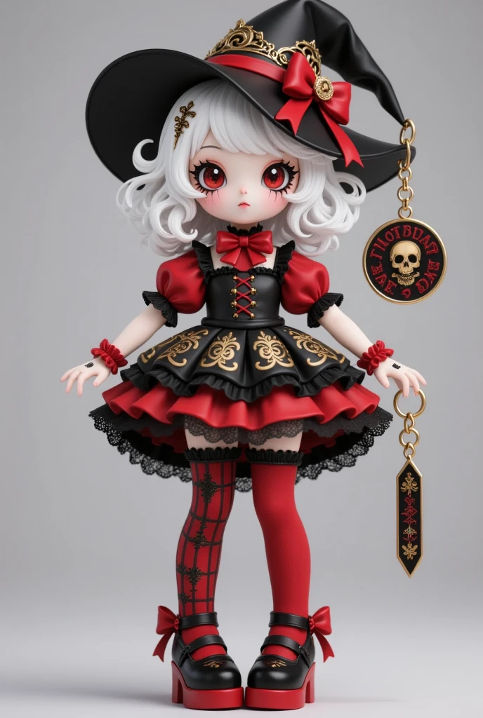 Girl in red, wearing a red hat with a doll on it, holding a hammer. 