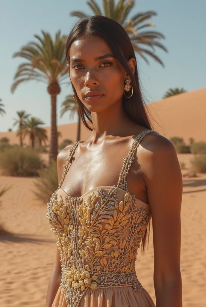 Zendaya undercover, with brown skin and long, curly waist-length brown hair, wearing a Swiss grass green dress with flowing ruffle details, reflecting the setting sun's light. She has a floral tiara with red, white, green, and pink flowers, bold red lipstick, and golden hoop earrings. The backdrop is a desert with rolling dunes, blue sky, and the setting sun painting the sands with amber and gold tones, highlighting her silhouette. She is in profile, partially turning her back to the right side but looking at the camera, in a realistic and professional style like a magazine photoshoot. Very similar to Zendaya 