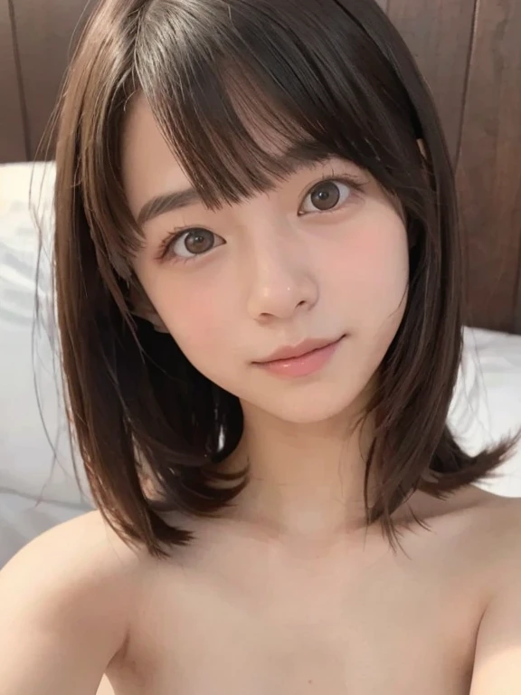 masterpiece, Highest quality, 8K, Disorganized person, (((NSFW、Full nudity))), beautiful girl, Beautiful Face, Looking at the audience, smile, Ultra-realistic, High resolution, photograph, The focus was clear, High resolution, Face Light, Dynamic Lighting, Cinema Lighting, Professional Shadow, Lying in bed,indirect lighting, Best details, Very detailed, Very detailedな, In detail, Real Skin, Delicate facial features, Detailed face and blue eyes, Sharp pupils、Realistic student、全身photograph、pubic hair