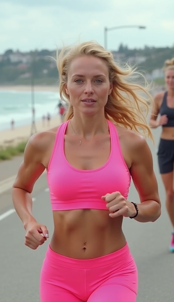 beautiful blonde woman, medium breasts, Big butts, fitness. Running down the street in a fitness outfit