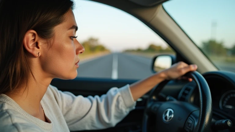 Lucie in the car on the passenger beach profile view