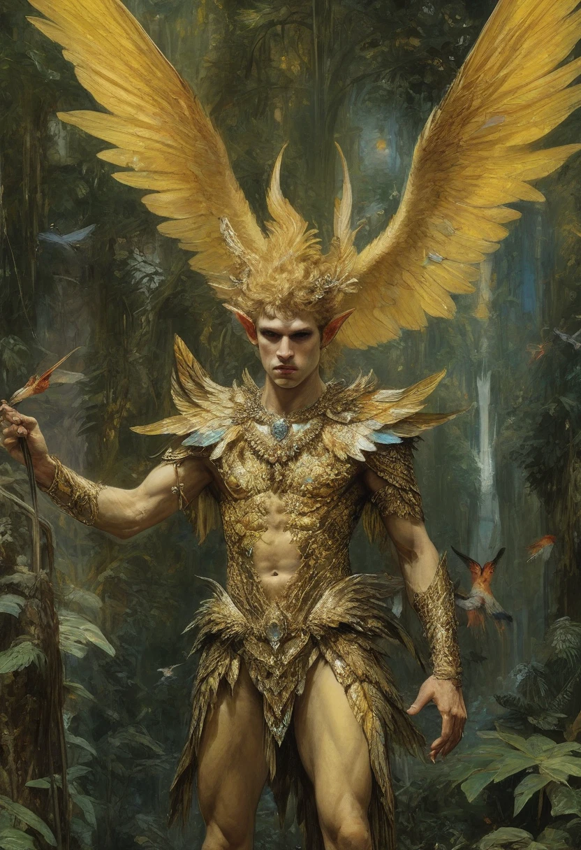 Design me a {Colossal Masterpiece, oil painting, best quality, by Gustave Moreau, chiaroscuro, iridescent, holographic}, terror dramatic portrait of a male high elf Garuda, blonde, elf ears, tattooed, ((his skin is jaundiced)). ((((displaying his large 4 iridescent multicolored wings, reclined, sat on a throne in a jungle temple)))).