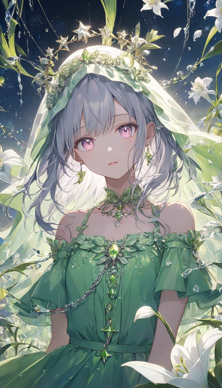 ((8k, best quality, master piece: 1.3)),super high resolution,(1 girl, solo), (colorshift eyes, hyperdetailed, expressive sparkling, glitter, glowing eyes), ultra detailed eyes, ultra-detailed face, random hair, ((silver gray color)),The young lady is in a pavilion in the palace gardens, her silver hair shining with a silky luster, smiling gracefully. Her hair is braided to the side, and a crystal hair ornament sparkles. Her dress is made of silk with emerald green and gold embroidery, and is studded with gemstones and crystals, shining in rainbow colors when the light reflects off it.
An emerald necklace sparkles around the young lady's neck, and emerald earrings dangle from her ears. Her fingers are adorned with gemstone rings, and a crystal bracelet sparkles on her wrist. Her eyes are deep emerald, and she is smiling serenely.
In the background, a beautiful garden spreads out, with colorful flowers blooming in full bloom. The pillars of the pavilion are intricately carved and decorated with gold. At the back of the garden, a fountain shines with rainbow colors. This scene perfectly expresses the young lady's love of nature and luxurious life.