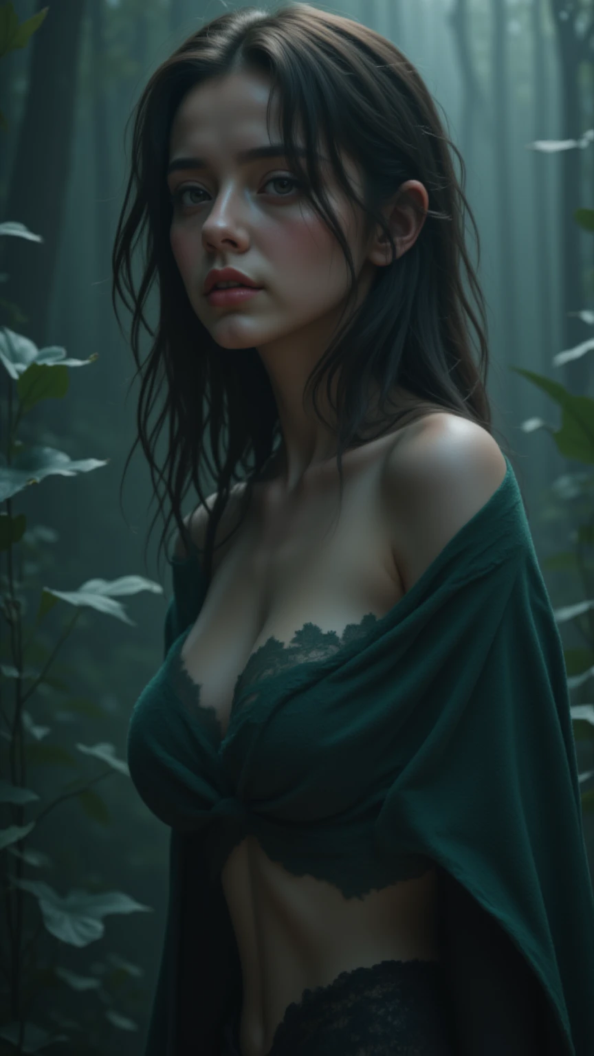 (arte conceitual), obra-prima, melhor qualidade, fotorrealista, foto crua 8k, uma fotografia de meio corpo retrato por Tom Bagshaw, tarot card style, [:(rosto detalhado:1.2):0.2], absurd iris textures, espectador de frente, tiro de cowboy, (fotorrealista: 1.5), corpo perfeito, 
uma menina bonita pureerosface_v1, sorrindo, salto alto no tornozelo, vestindo off_shoulder_bandage_dress preta transparente com ornamentos de ouro e coroa, colar, clamp, anel de umbigo, manto de renda pesado transparente feito de penas de cisne, peitos grandes, olhos verdes, pernas longas, longos cabelos verdes, rim lighting, deitado na cama dentro de uma tenda de luxo sedosa, treasure chests, colinas, floresta tropical,  blue skies, nuvens, estilo de sol-hamunaptra, DarkFantasy (8k HDR)