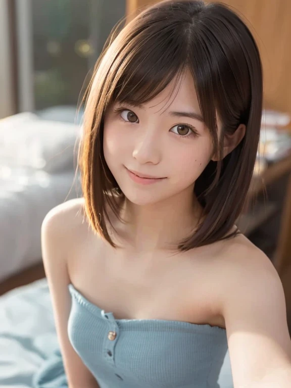 nsfw、Best-quality, Masterpiece, Ultra-High-Resolution, (Photorealistic:1.4), Raw-Photo, at hotel-room, 1girl, 15-years-old, the most famous Japanese idol, (wearing only light-blue see-through dress, extremely see-through dress), upturned ass, (extremely cute face like the most popular Japanese idol), (extremely beautiful black-short-cut-haired), (((extremely beautiful big-black-solid-circle-eyes))), extremely beautiful skins, extremely beautiful body, innocent-smile, looking at viewer, detailed see-through-dres.