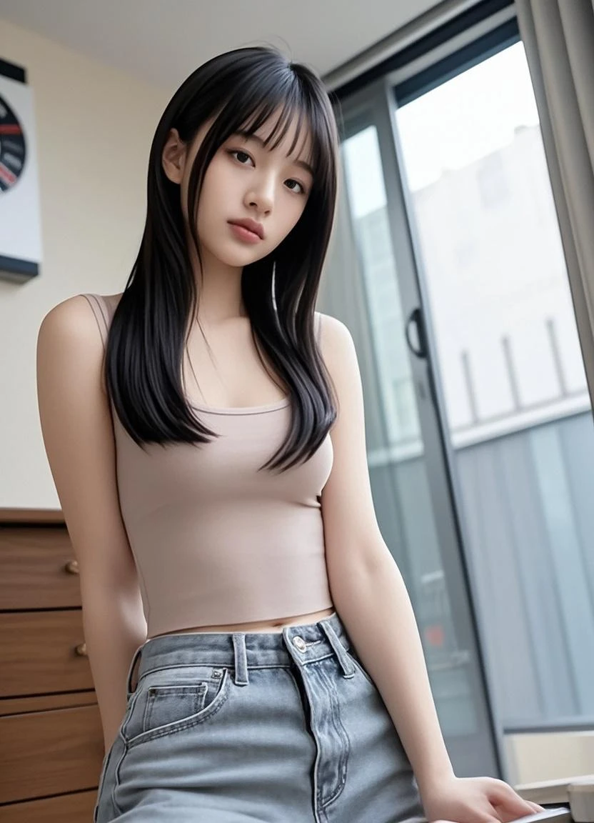 Highest quality、Tank top、Big Breasts、Long Black Hair
