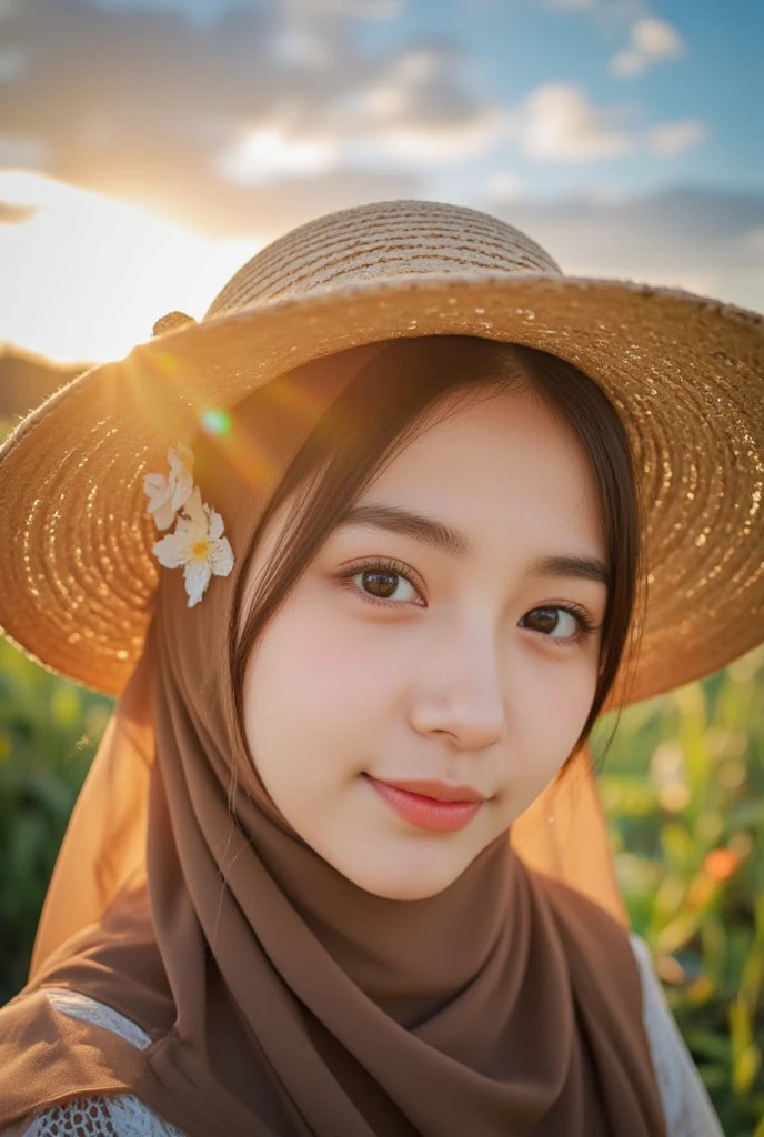 ((best quality)), ((masterpiece)), perfect face, indonesia, hijab, sharp nose, smile, half body, sunset, beach cafe