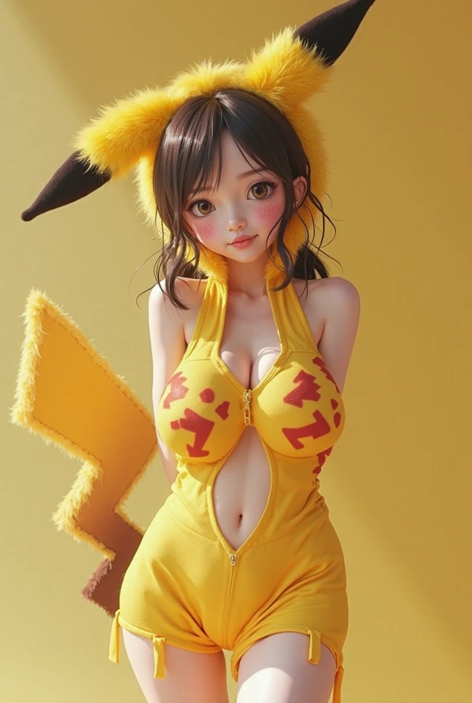 ((SFW, full body:1.35))、, 7 Oppai-Lolils in Cosplay、Pikachu, (moe sleeves, yellow Pikachu suits with full opened front zipper、(Pikachu hood))、Floating hair、((Masterpiece:1.25, Photorealsitic:1.37))、8K Bestquality、((Detailed KAWAII Face))、Bright Shining Perfect eyes、{(Childish:1.2)| no underwear but Nipples are hidden|gold tape|(gold nipple stickers)|(Gigantic Cleavage:1.37)}、(Detailed glistening ivory skin)、extremely detailed、{((Yellow Pikachu hood))}、Smooth shading、Soft Lighting with many Follow lights、clear focused、bokeH、Crowded city background、Vivid colors, {(shouting)| Trick or treat|mischievous smile}, Overflowing、Biomechanical HUGE and HEAVY boob, {Ass focus| ((grabbing chests))| hidden hands| thumbs up| face focus},(((nabel, no extra hands, correct hands, perfect anatomy, Detailed open crotch))),