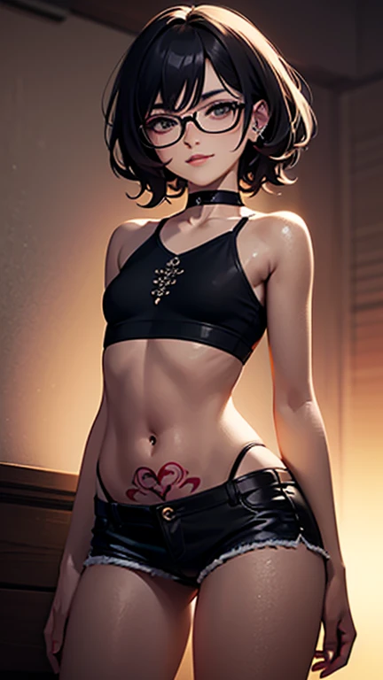 gothic woman, (gothic makeup), (pele marrom), (uma camiseta e mini shorts skinny), (mostrar sob os peitos), (fishnet stockings), (navel jewelry), (orelhas furadas), (pierced lips), olhos azuis, short messy black emo hair, (fundo da sala de estar), coxas grossas, medium breasts, (8k), (papel de parede), (dynamic lighting), (rosto e olhos detalhados:1.2)