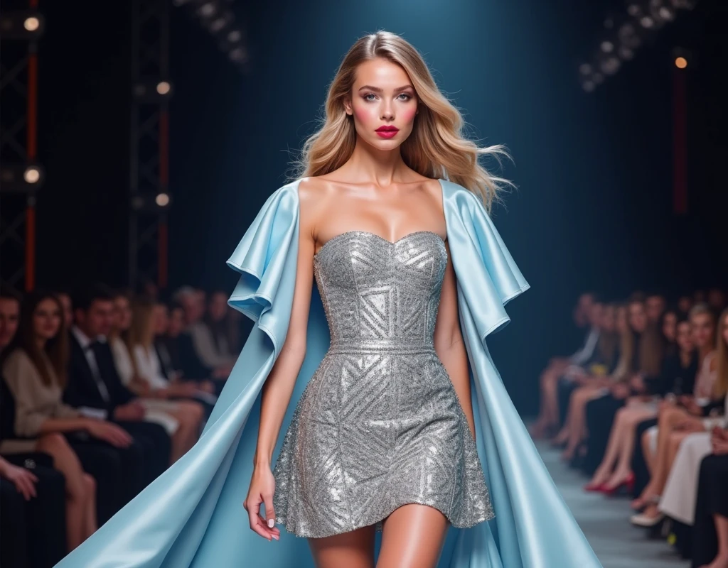 Supermodel, Brazilian, tanned, brown eyes, whole body , long dark blonde hair, walking down fashion runway, beautiful , natural beauty, sexy makeup, model, 4K, realistic, natural, textured skin, freckles on nose, wearing a flowing pale blue dress, haute couture, gold hoop earrings, blue high heels 