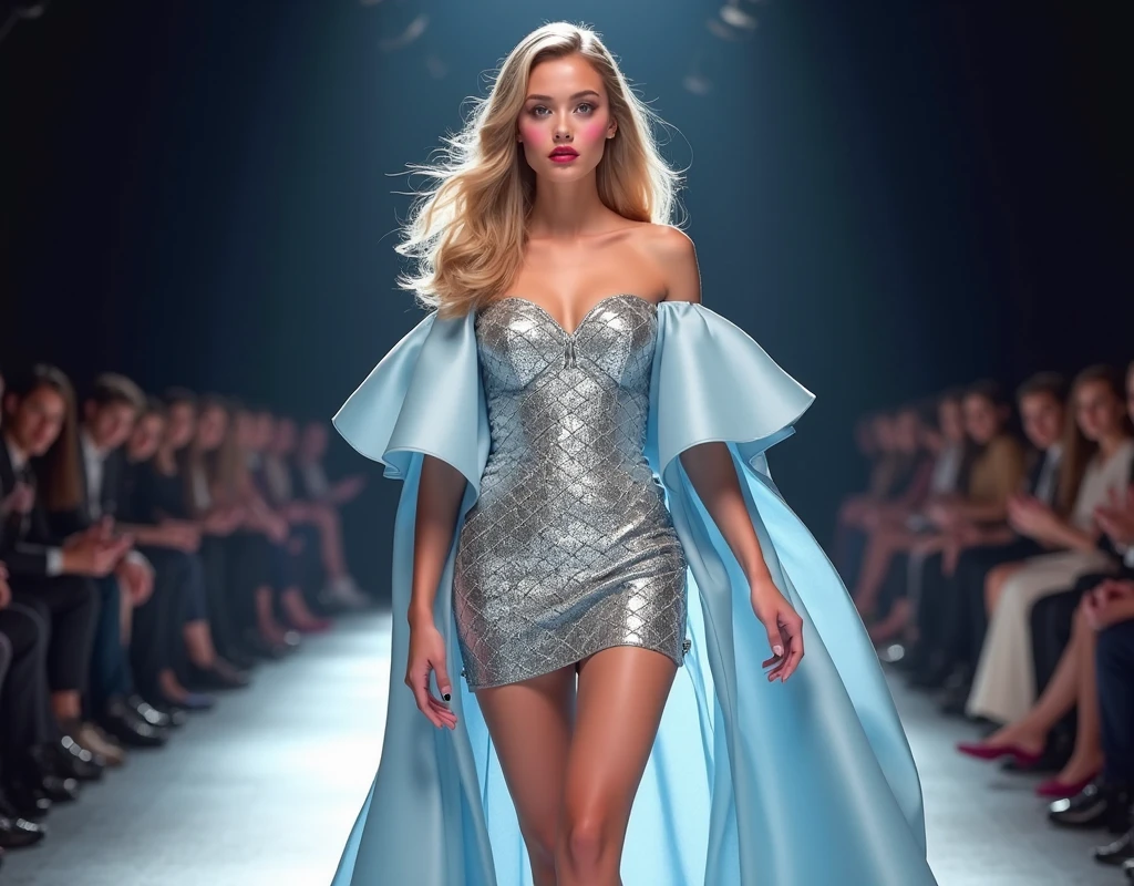 Create a breathtaking, ultra-high-definition image in 16K resolution that captures the elegance and innovation of a high-fashion runway scene, with a realistic photo aesthetic. | Visualize a stunning blonde supermodel with flowing hair and striking blue eyes, her face adorned with cute freckles. She exudes confidence and grace as she walks down the runway in avant-garde clothing. Her outfit is a bold and innovative design, blending unique fabrics, shapes, and textures to create a captivating and artistic ensemble. | The scene is set on a high-fashion runway, with dramatic lighting that highlights the model and her outfit. The background features an audience of fashion enthusiasts and critics, seated in rows, their attention focused on the model. The runway itself is sleek and reflective, adding a modern and sophisticated touch to the scene. | Capture the model in a dynamic pose, showcasing the movement and flow of her avant-garde attire. Her expression should convey a sense of poise and allure, as she confidently strides down the runway. The camera angle should emphasize her full body, highlighting the intricate details of her outfit and her statuesque figure. | The overall ambiance should integrate vibrant colors and rich details, creating a sense of depth and immersion in this high-fashion world. Ensure anatomical correctness, with a focus on ultra-detailed textures and high-quality rendering, capturing every nuance of the model's appearance and the avant-garde fashion design. This masterpiece should embody the spirit of innovation and elegance, immersing viewers in its lifelike depiction. | Keywords: (blonde supermodel:1.3), ((realistic photo)), ((cute freckles):1.2), ((avant-garde fashion)), ((fashion runway)), ((dynamic pose)), ((dramatic lighting)), ((detailed textures)), ((high quality)).
