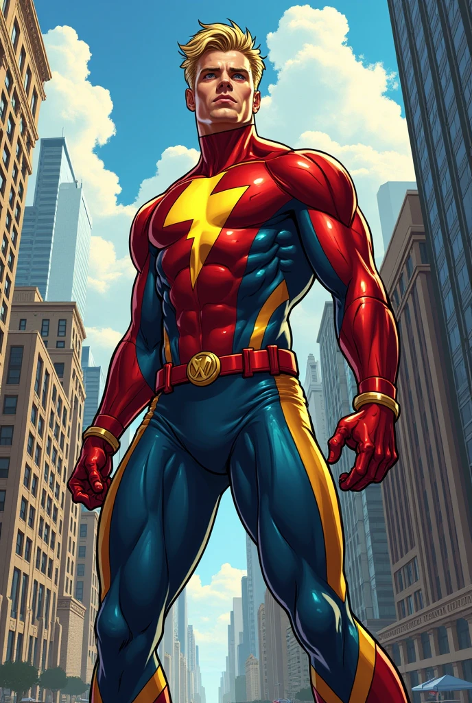 Create a painting of a young Chinese man in hero pose. With the lines of a hero comic book 
