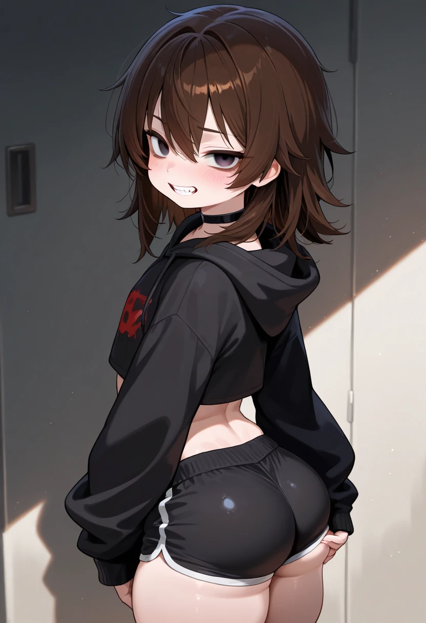 A man, femboy, clear skin, Slim and delicate body, pelo en un Alone moño, red hair red eyes, black sweatshirt, red string thong, fat ass, thick thighs, small penis, blushing, nervous expression, touching her butt, Alone,