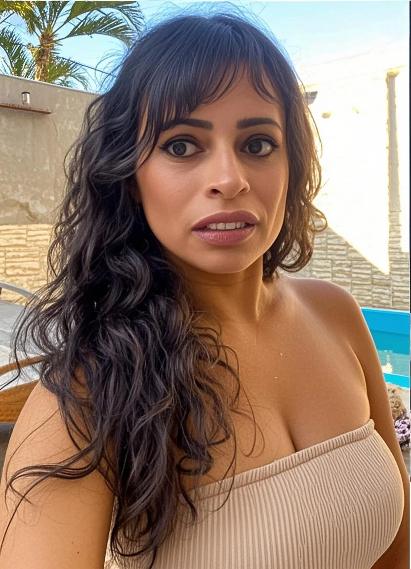 Woman in colorful dress posing for a photo in a bathroom, 30-year-old woman from cuba, Malika Favre, 3 5 year brazilian mother, 3 0 years old woman, 30-year-old woman, by Nándor Katona, 40 years old women, fernanda suarez, hermosa dama, Karla Ortiz, Imagen de perfil, Tu teta