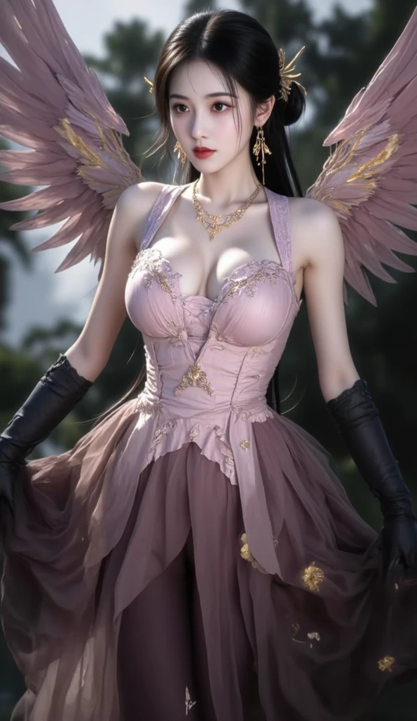 1girl,huge breast,pink hair, dress,white wings, high quality, ultra detailed, masterpiece, realistic