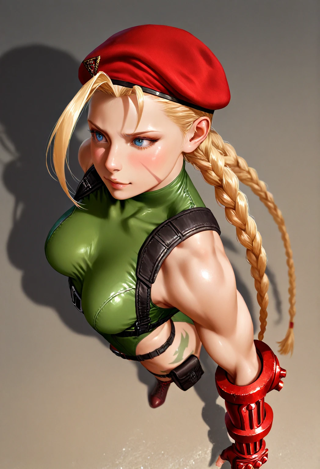 masterpiece,best quality,extreme detail,8k,cammyfn, 1girl, solo, long hair, breasts, blue eyes, blonde hair, large breasts, gloves, hat, upper body, braid, ahoge, twin braids, leotard, lips, makeup, beret, scar, antenna hair, nose, harness, huge ahoge, green leotard