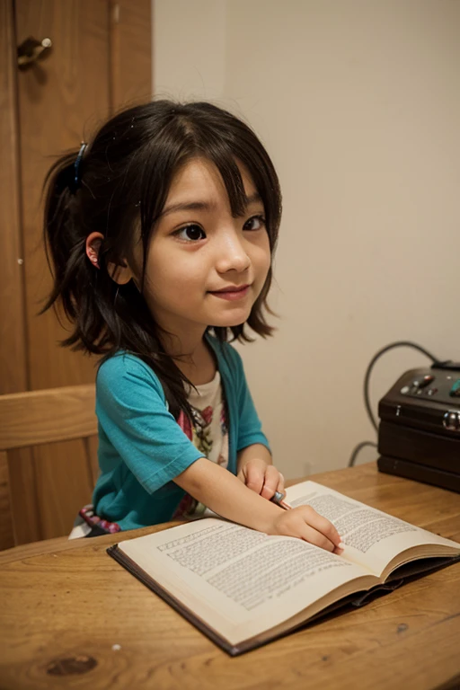 Create a Disney Pixar style 3D poster featuring a 3 year old with straight black hair and bangs, eyes browns, chubby cheeks with English book in hand