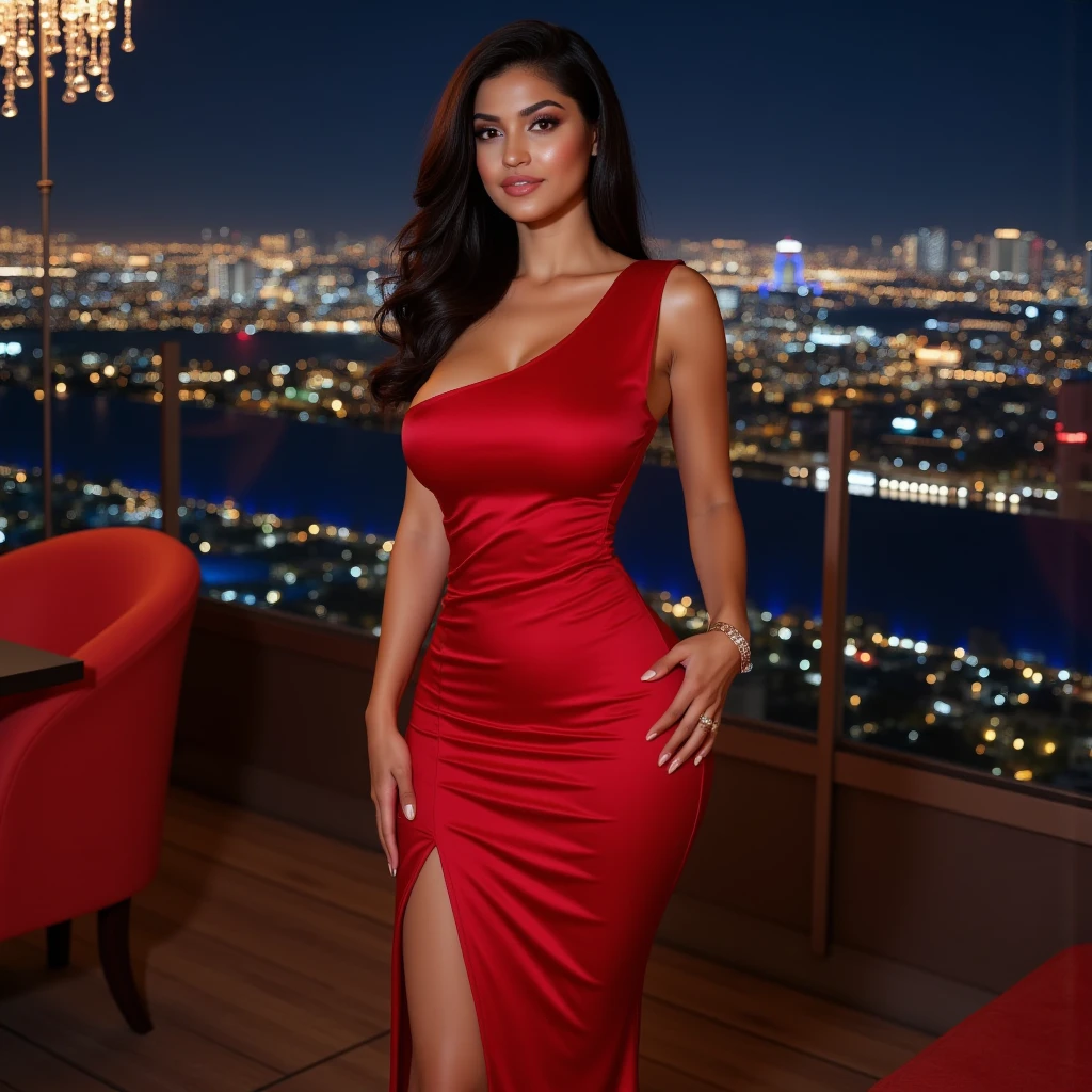 hyper-realistic a 28 years old female human being, tanned and beautiful Japanese woman, dark hair, influencer, tanned, freckles, dark eyes, no make up, fitness body shape, wearing a red sexy long dress, fancy dress, fashion dress, high heels, in front of a restaurant, lv purse, gorgeous woman, fancy outfit, sexy outfit, tight hips, large ass, makeup, classy dress, classy outfit, empower look, sexy face, smiling, night light, fancy restaurant, fancy purse, expensive woman, expensive outfit,