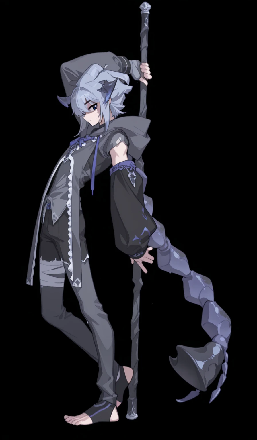 1boy, toned, gray hair, slim, glowing blue eyes, HD, vibrant, masterpiece, full body view, wolf ears, wolf tail, knight robes, iron half mask, (dead expression), baggy black pants, black iron boots, dirty, torn armor and clothes, blood, tall