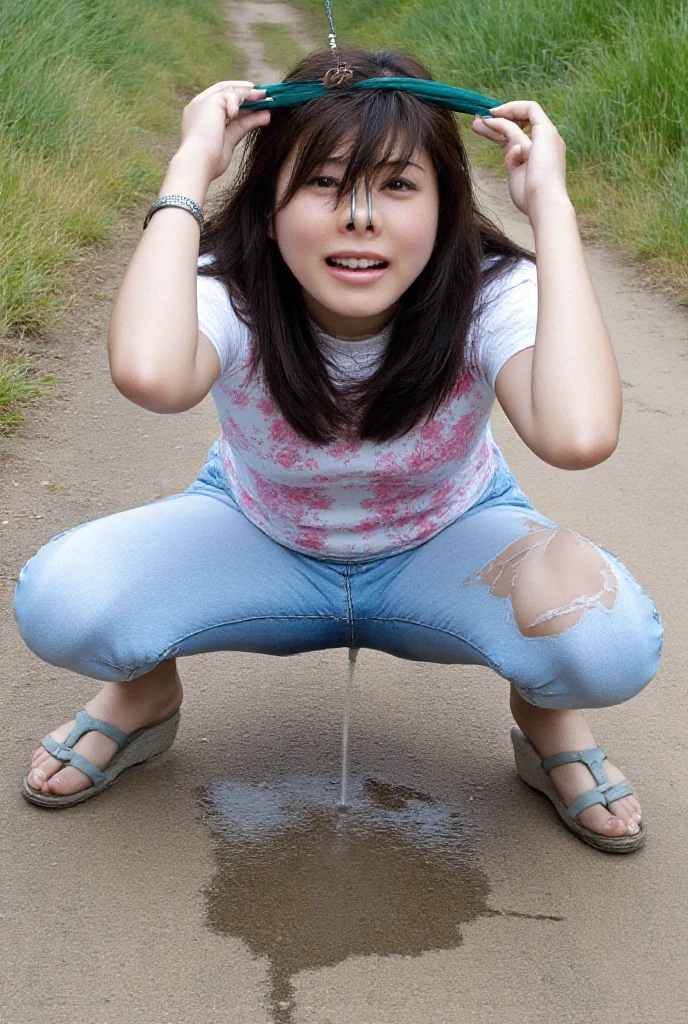 Game of thrones cinematic style Maisie Williams Arya Stark ( naked pubic hair) squats on the iron throne peeing on the floor in front of her. Female peeing. Peeing.