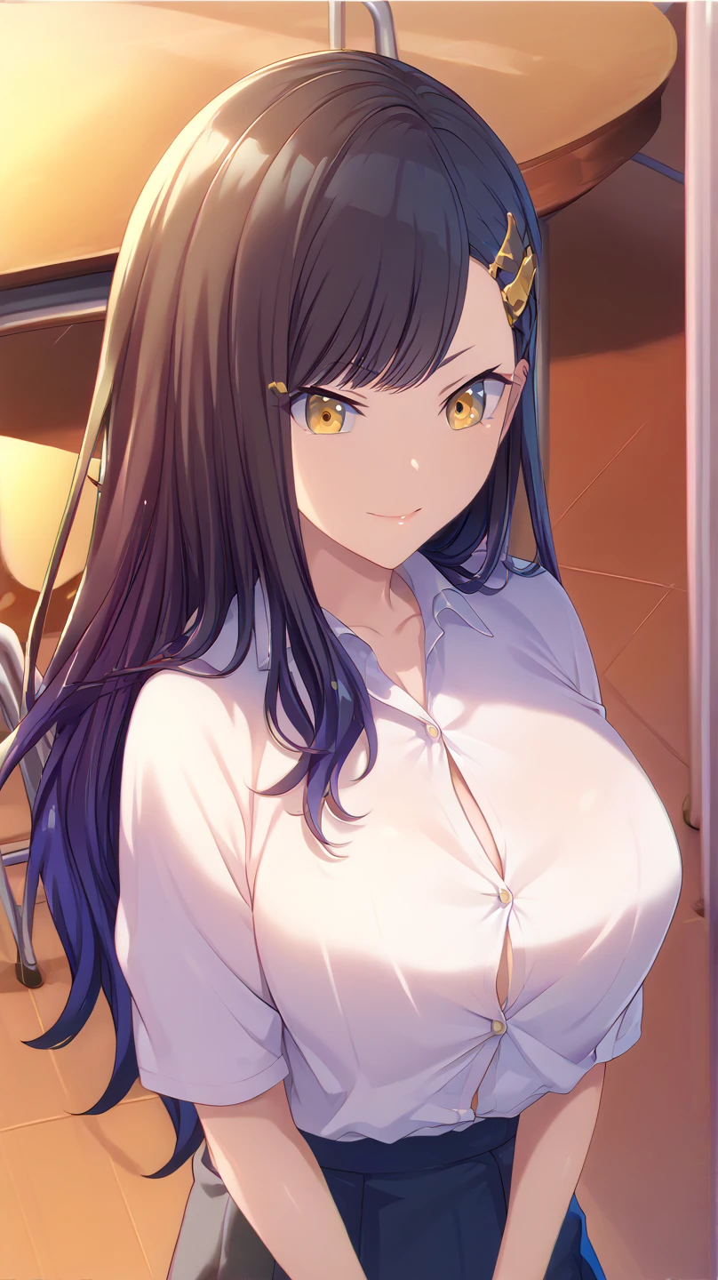 1 girl, alone, brown hair, orange eyes, big lips, long hair, collared shirt, short sleeve, shirt ruffles, have a closed laptop , raise button, hourglass illustration, tight waist, indoor, light smile, Are standing, cleavage, pencil skirt, detailed face and eyes, thigh height, asymmetrical bangs, earrings, realistic, (visual novel sprites), head tilt, adorable, cute pose, jewelry, bracelet, necklace, center, office lady, open shot, There's space above her head, detailed background, medium breasts