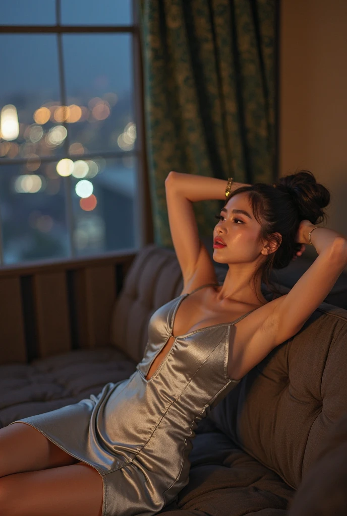 A beautiful girl, sleeping beauty, Luxury Bedroom night city view from a large window,