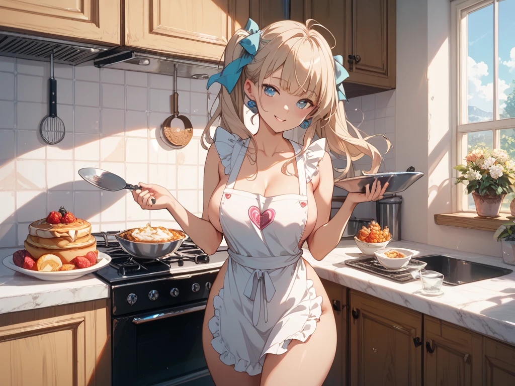 (dynamic angle:1.3, front view:1.1, breast focus:1.3, from above:1.1), (dynamic posing:1.2, sexy posing:1.2), (seductive smiling:1.3), ((looking at cake,Taking a cake out of the golden oven, worried about the outcome:1.2)),highest quality、(real、photorealistic:1.4),(ultra high resolution, 8K RAW photo, clear focus), best qualtiy, natural lighting, field depth, (Bright pupils, detailed beautiful eyes, high detailed face), Red lip, (tight focus:1.2), a girl 22yo old, Wearing a pastry chef uniform:1.3 , Thicc, thin breast, long hair, blue eyes,garter stocking, cleavage:1.2, midriff, black shorts, black thighhighs, thigh strap, pretty girl, (highly detailed beautiful face and eyes,firm breasts),real skin,((black,hair,long pony tail hair)),thin pubic hair,cute,lovely, detailed eyes,(double breasted:1.0,under bust:1.0),(with sparkling eyes and a contagious smile),open mouth, Looking at Viewer,A scene of cooking in the kitchen,looking at the golden oven