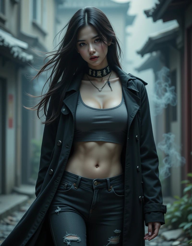 Beautiful woman wearing belly-exposing clothes kills zombies,her bare midriff exposed as she gazes down at the gory aftermath. Her ripped shirt hangs open, revealing a tantalizing glimpse of toned skin, while the severed zombie heads and scattered limbs around her feet attest to her brutal hand-to-hand combat skills. The desolate, blood-soaked alleyway provides a haunting backdrop for this petite powerhouse,cinematic lighting, masterpiece, accurate, anatomically correct, textured skin, best quality, award winning, 4K, super detail,cowboy_shot,light_smile