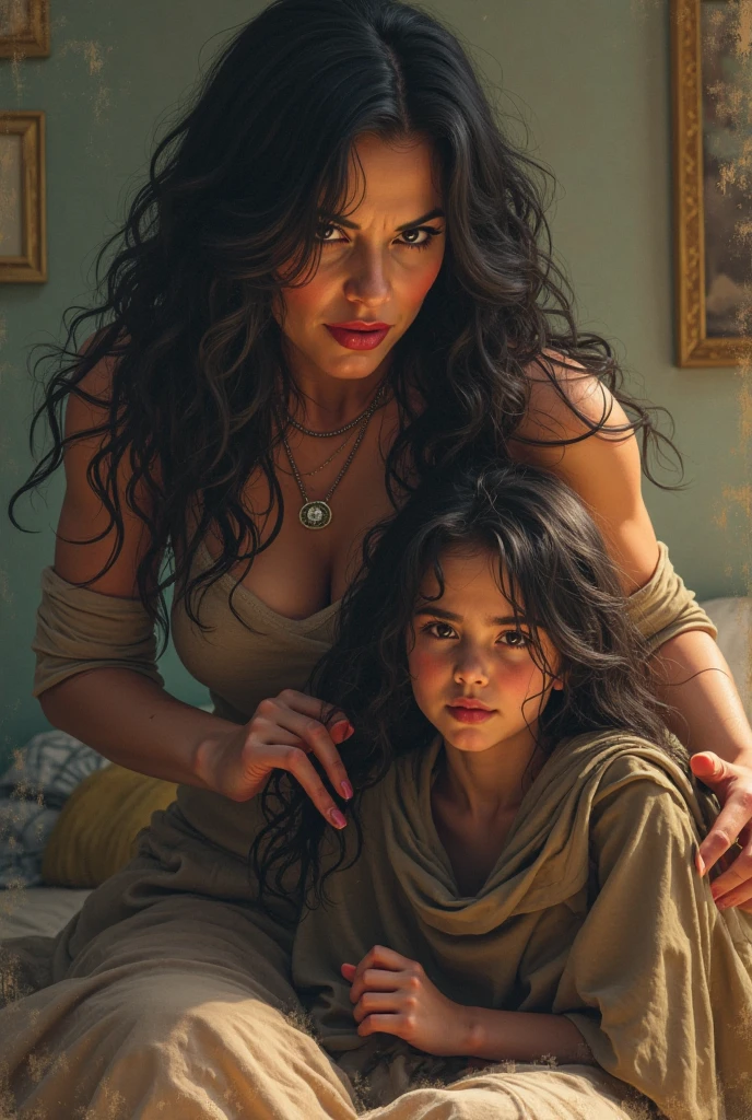 Sicilian gypsy mother and giallo slasher, daughter is tied to a chair, ropes, human sacrifice, murder, wavy black Roma hair, candles, tinctures, herbs, charms, talismans, style of Euro Fumetti comic books, Dario Argento, Mario Bava, erotic illustration art style, Lomo effect, creepy, strange, bizarre, retro, subdued diffused red and green back lighting, Cinematic Volumetric Lighting, HD, 8x, intricate, retro, old times, 1940s, 1950s