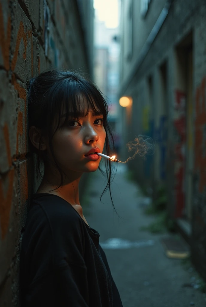 woman smoking a cigarette on a city street in the evening, woman smoking a cigarette, woman smoking cigarette, portrait of a japanese , smoking woman, dramatic smoking pose, smoking a cigarette, smoking cigarette, kiko mizuhara, by Eizan It&#39;s a gift, cigarette, by Shinoda Toko, japanese city street fashion, portrait of a smoking woman,Beautiful blonde with big breasts in a T-shirt (Sitting on a dark staircase),Wearing headphones,Very detailed, 21 years old, Innocent face, Bob Hair, blue eyes, High resolution, masterpiece, Highest quality, Intricate details, Very detailed, Clear focus, Delicate skin, practical skin texture, texture, Delicate eyes, Professional, 4K, Sad face,despair、 Shot with Canon, 85mm, Shallow and deep, Kodak Vision Color, Exactly, Very detailed, photograph_\(Extremist\), photographpractical, practical, Post-processing, Maximum details, Roughness, Real Life, Extremist practical, Photorealism, photographgraphy, 8K Ultra HD, photographgraphy
