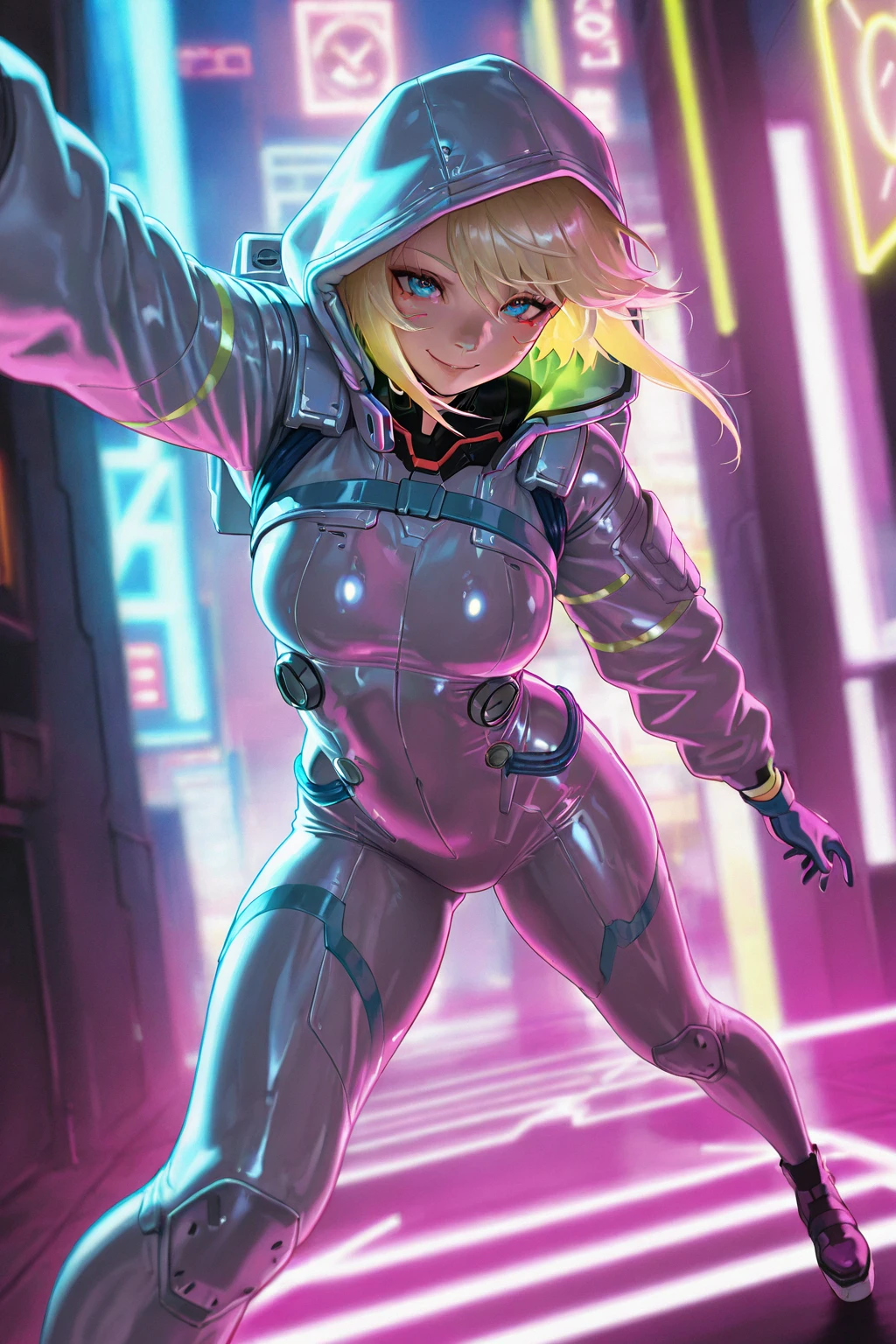 solo, 1girl, (Masterpiece), ((Appearance )), blonde hair, Medium Hair, Blue eyes, anime girl, Pink see-through superhero leotard, cloak, technological glove, Cyberpunk City, in night