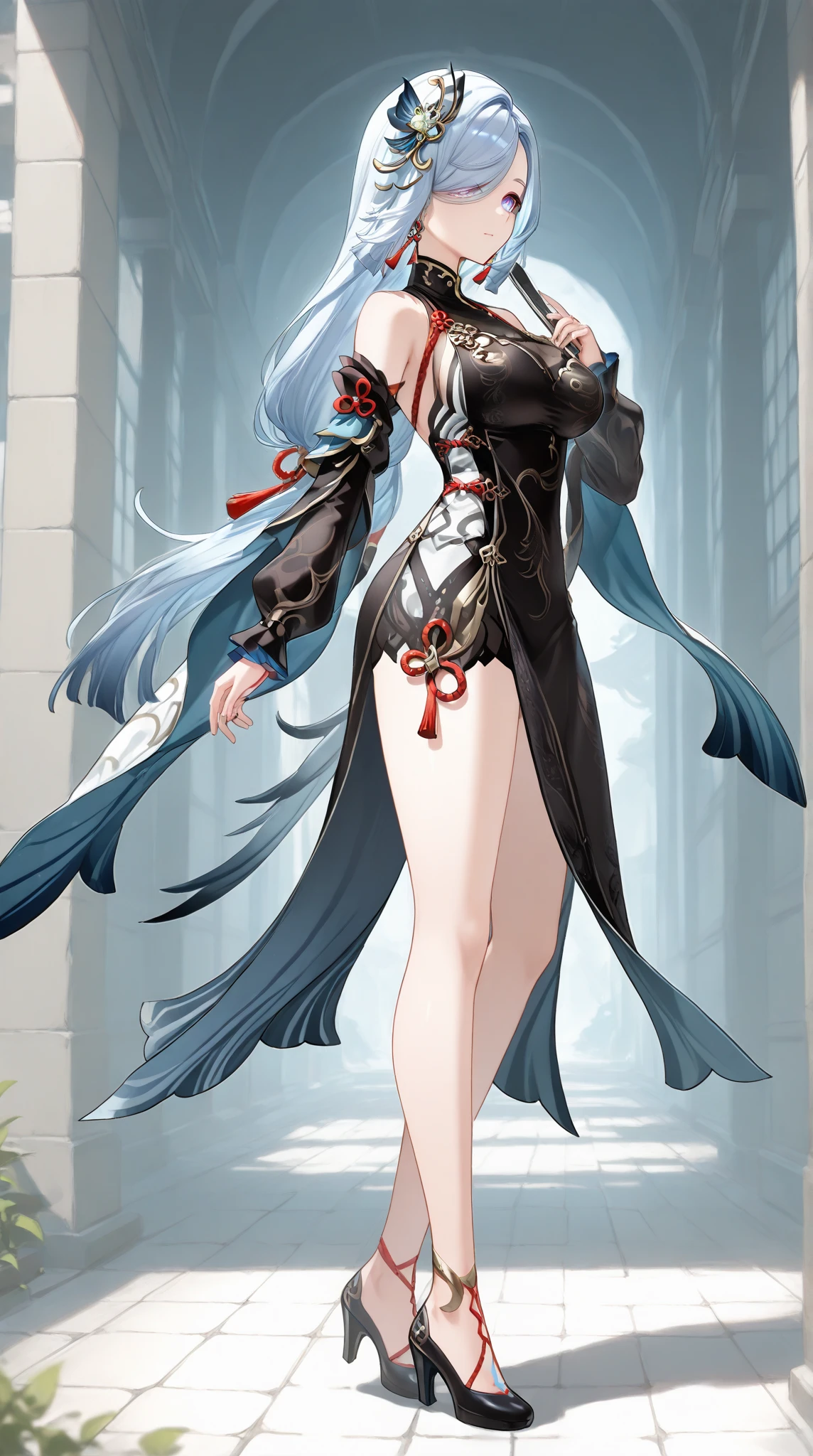 (top quality, masterpiece, background white) gray hair, Chinese style costume, Genshin, black eyes, sheep horn, older sister, bangs tail, expressionless, apothecary, dark blue clothes, one-handed sword, huge, cleavage, tights, long bangs, cleavage, ephemeral look, cheongsam