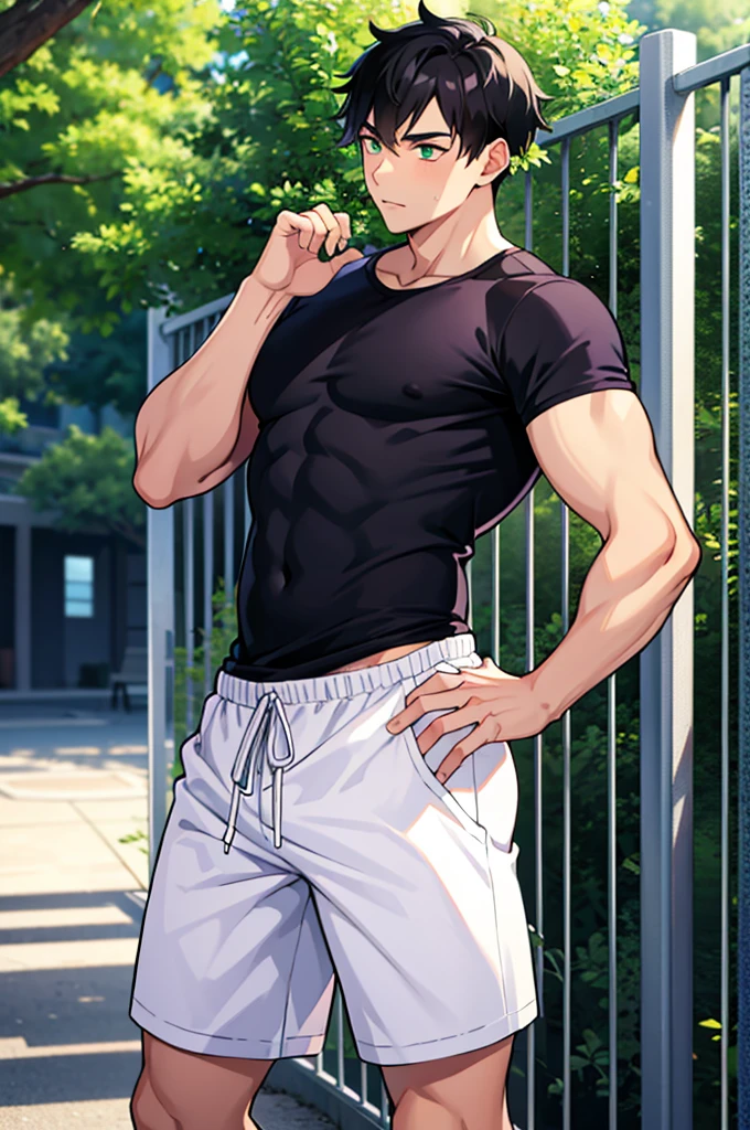 masterpiece, best quality, 1boy, solo, male focus, leaning forward, handsome, muscular male, black tank top, shorts, bulge, brown eyes, short hair, black hair, looking at viewer, (covered nipples:0.8), bara, sweat, park, tree
