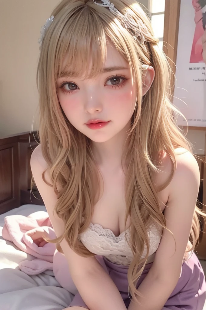 (parted bangs)、(Curly Hair:1.3)、(Blonde:1.3)、(Good lighting)、(blurred background)、masterpiece, best quality, photo, A 22-year-old japanese nude high school girl, nipples visible, not wearing bra, not wearing panties, lying on bed, viewer can see female genitalia and nipples, front, baby face, smile, Full body figure, Bold Pose