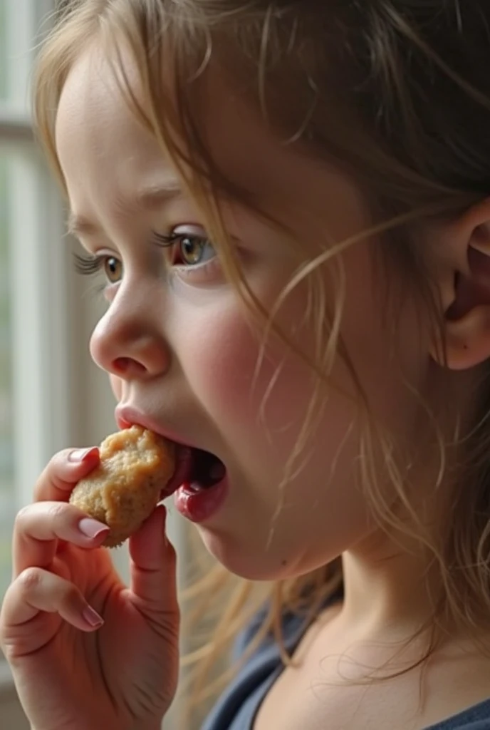 A scared young teen woman sitting in a baby's high chair. She has a pacifier in her mouth. Blonde pigtails