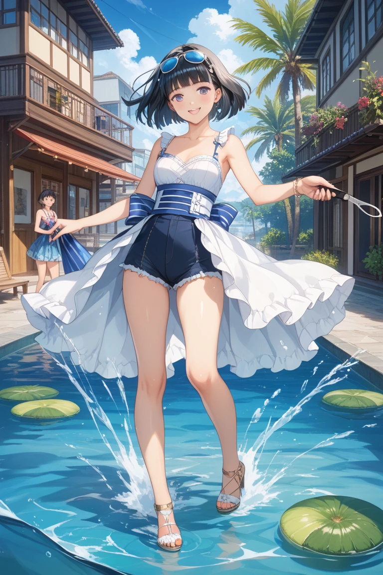 (Highest quality, masterpiece, High resolution)、4k anime art、(1. Beautiful Japanese Women、20-year-old)、(whole body、Glide over the waterslide)、 (Detailed depiction of a beautiful face)、Smile、Small breasts、(Cat ear)、Medium Short Hair、Bobcut、(small top、swimshorts、Colorful Swimsuits)、(Blank Background)、((White Background))、