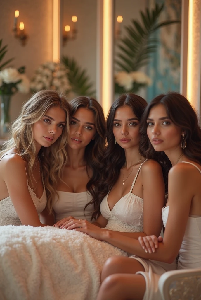 Several women in white in sexy poses, harem, cushions, lots of light