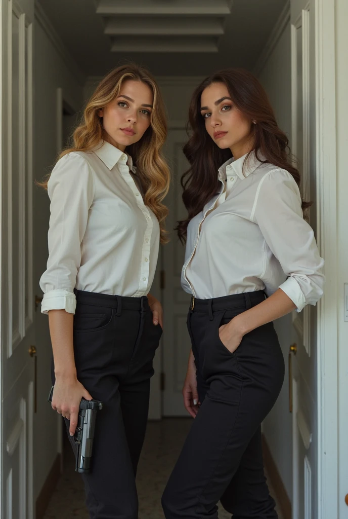 arafed woman in a white shirt and grey pants standing in front of a blue wall, kirsi salonen, magdalena andersson, wearing a blouse, magdalena radziej, wearing a white blouse, moleksandra shchaslyva, niele toroni, photo of džesika devic, serena malyon