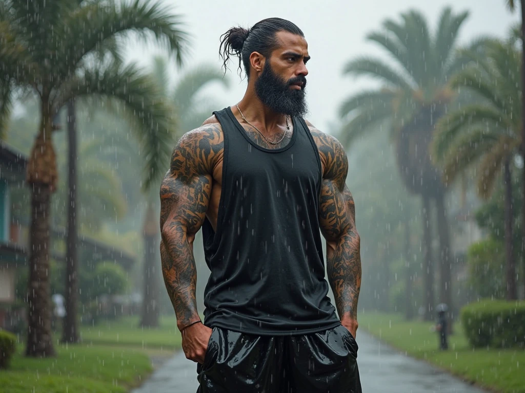 A Japanese man with beard, full body tattooed, long dred lock hair, a graffiti wall