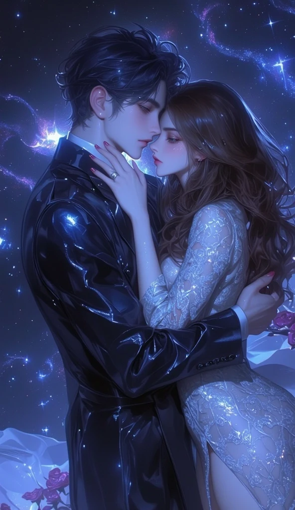 A translucent nude boy and girl、From the chest up、universe、Realistic